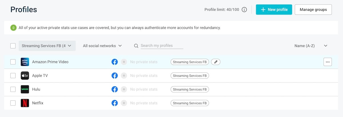 Social media profile swaps and grouping in quintly